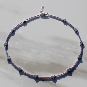 Pastel Purple and Silver Heart Charm Beaded Necklace
